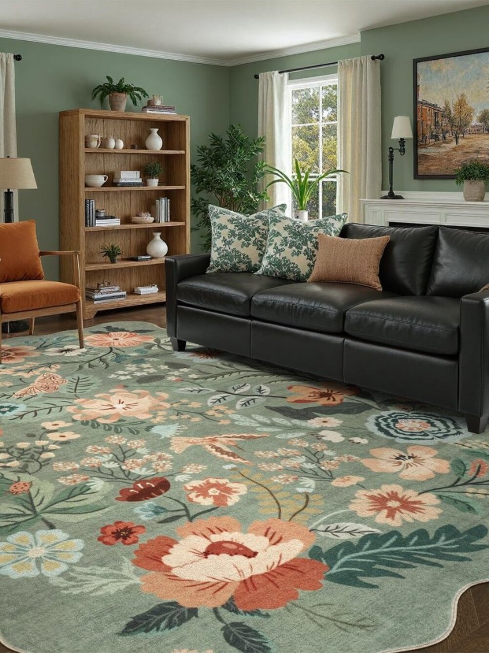 Vintage Floral Washable Area Rug 8x10, Non Slip Low Pile Rug, Sage Green